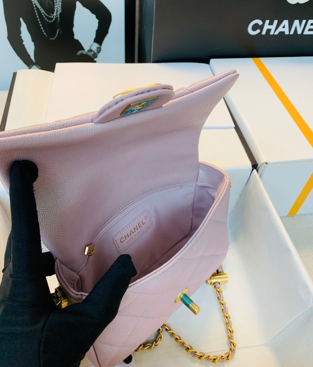 CHANEL 25S CLASSIC FLAP 19 CM IN MAUVE PINK CAVIAR LEATHER WITH GOLD HARDWARE