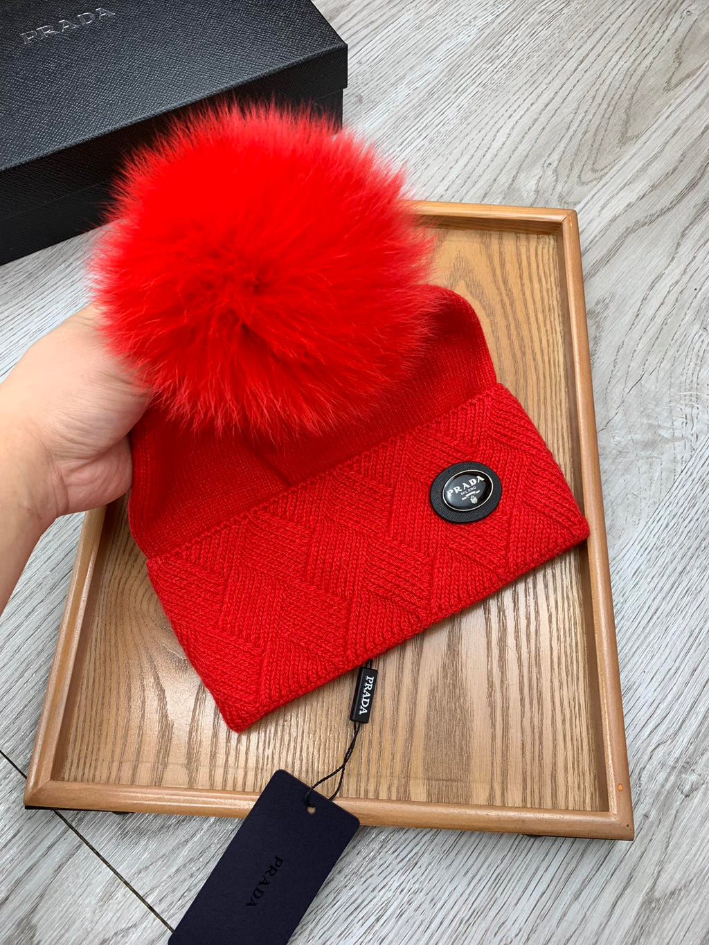 BEANIE HAT IN CHERRY RED WOOL AND RABBIT FUR 346718