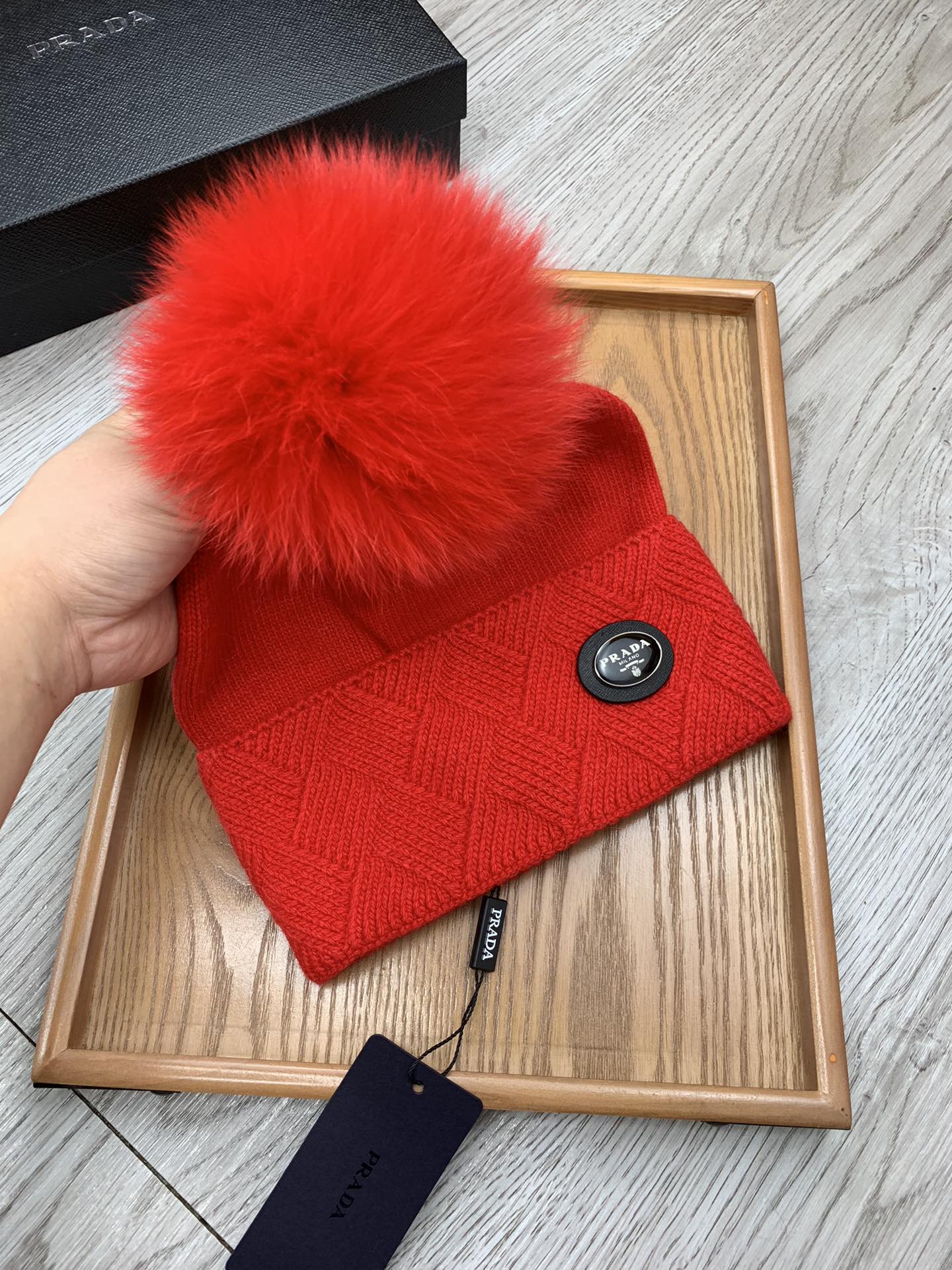 BEANIE HAT IN CHERRY RED WOOL AND RABBIT FUR 346718