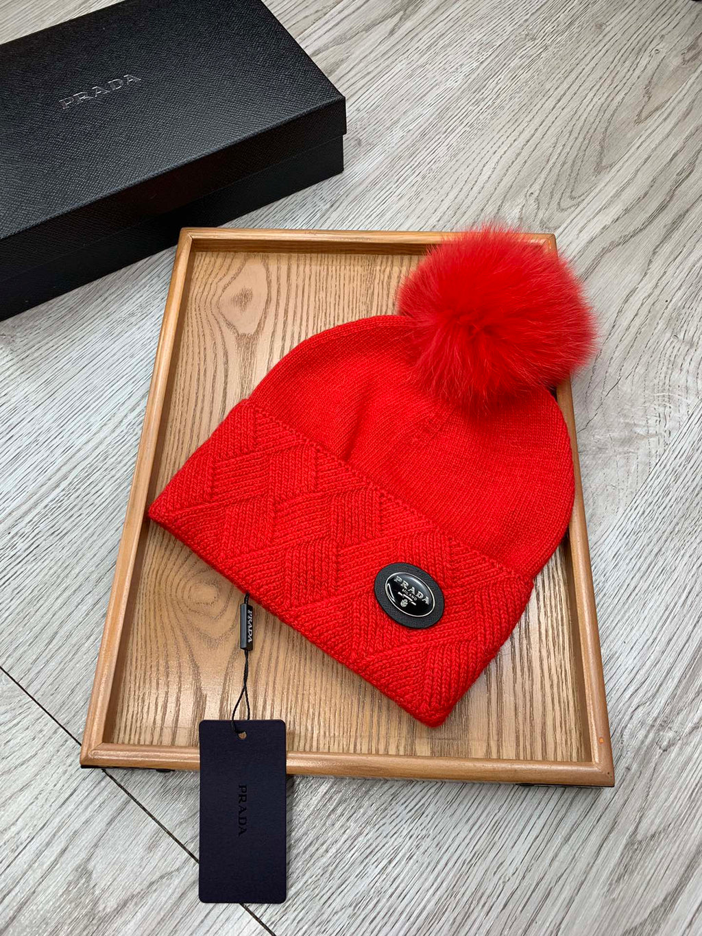BEANIE HAT IN CHERRY RED WOOL AND RABBIT FUR 346718