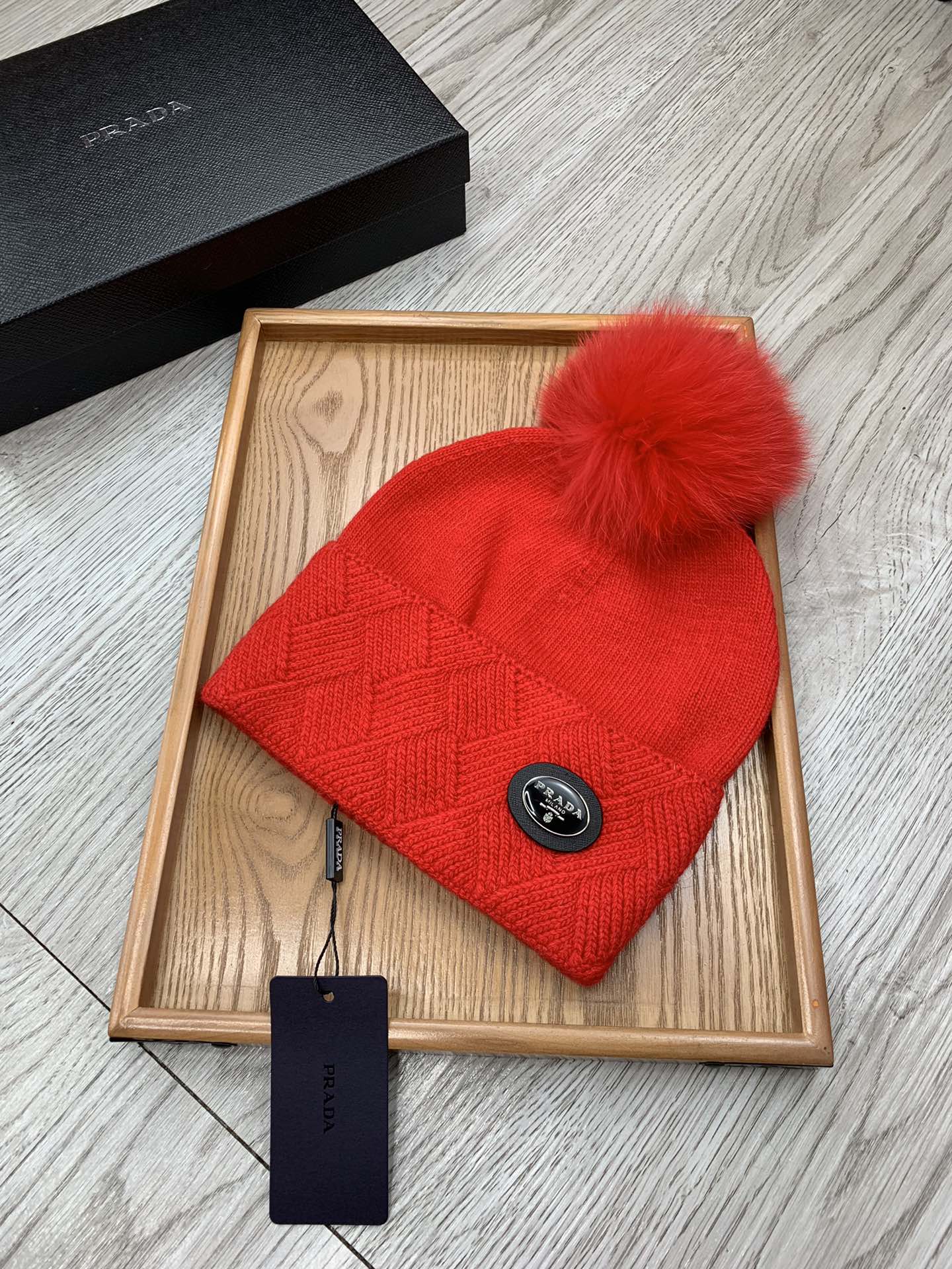 BEANIE HAT IN CHERRY RED WOOL AND RABBIT FUR 346718