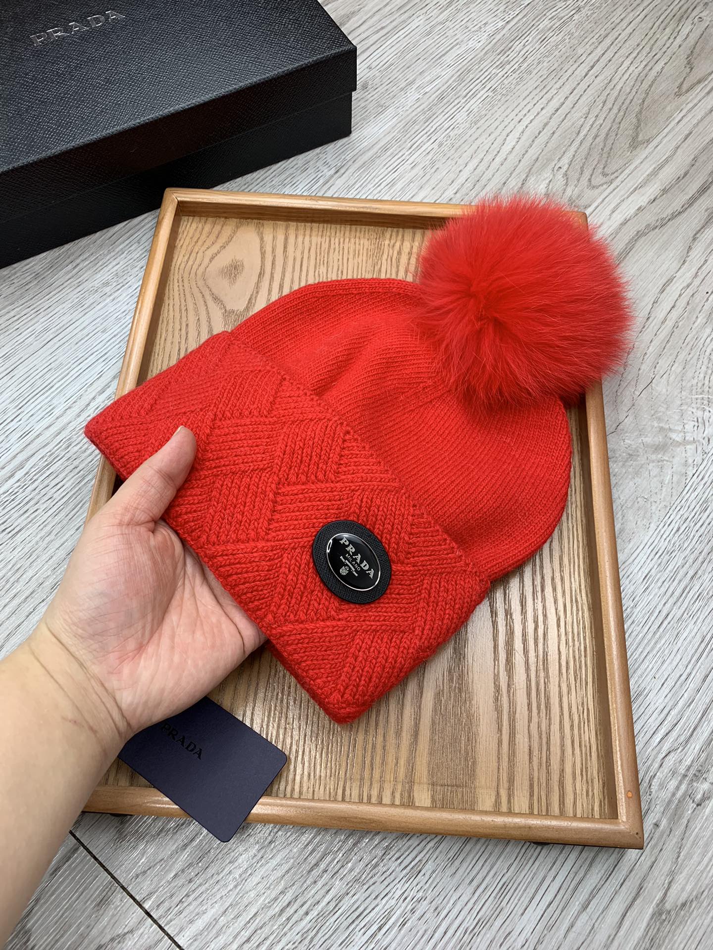 BEANIE HAT IN CHERRY RED WOOL AND RABBIT FUR 346718
