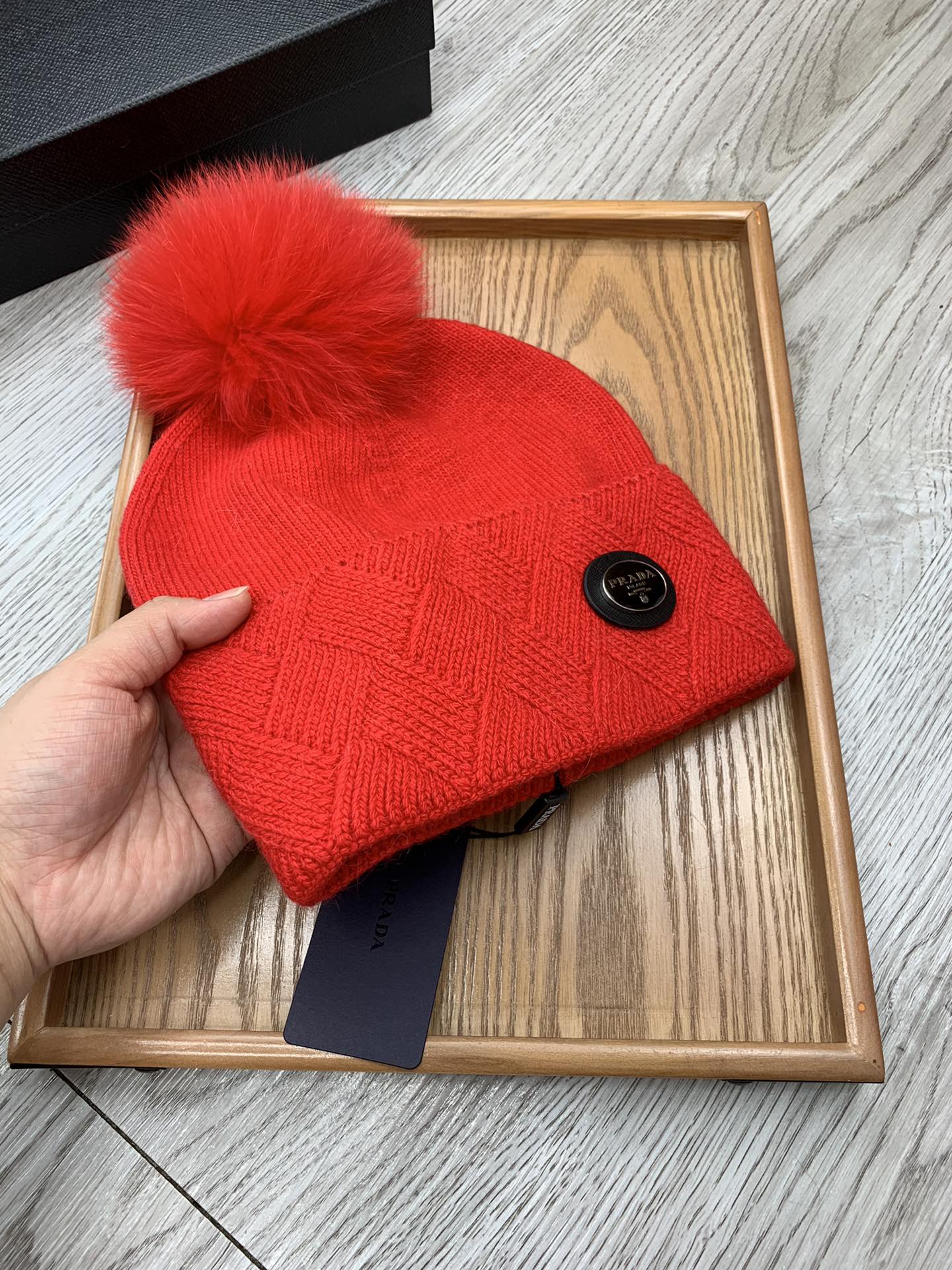 BEANIE HAT IN CHERRY RED WOOL AND RABBIT FUR 346718