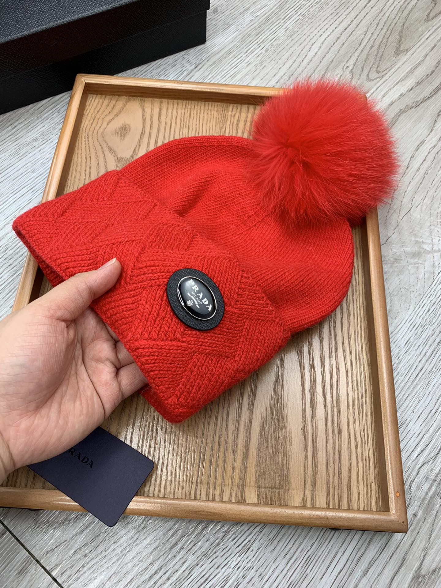 BEANIE HAT IN CHERRY RED WOOL AND RABBIT FUR 346718