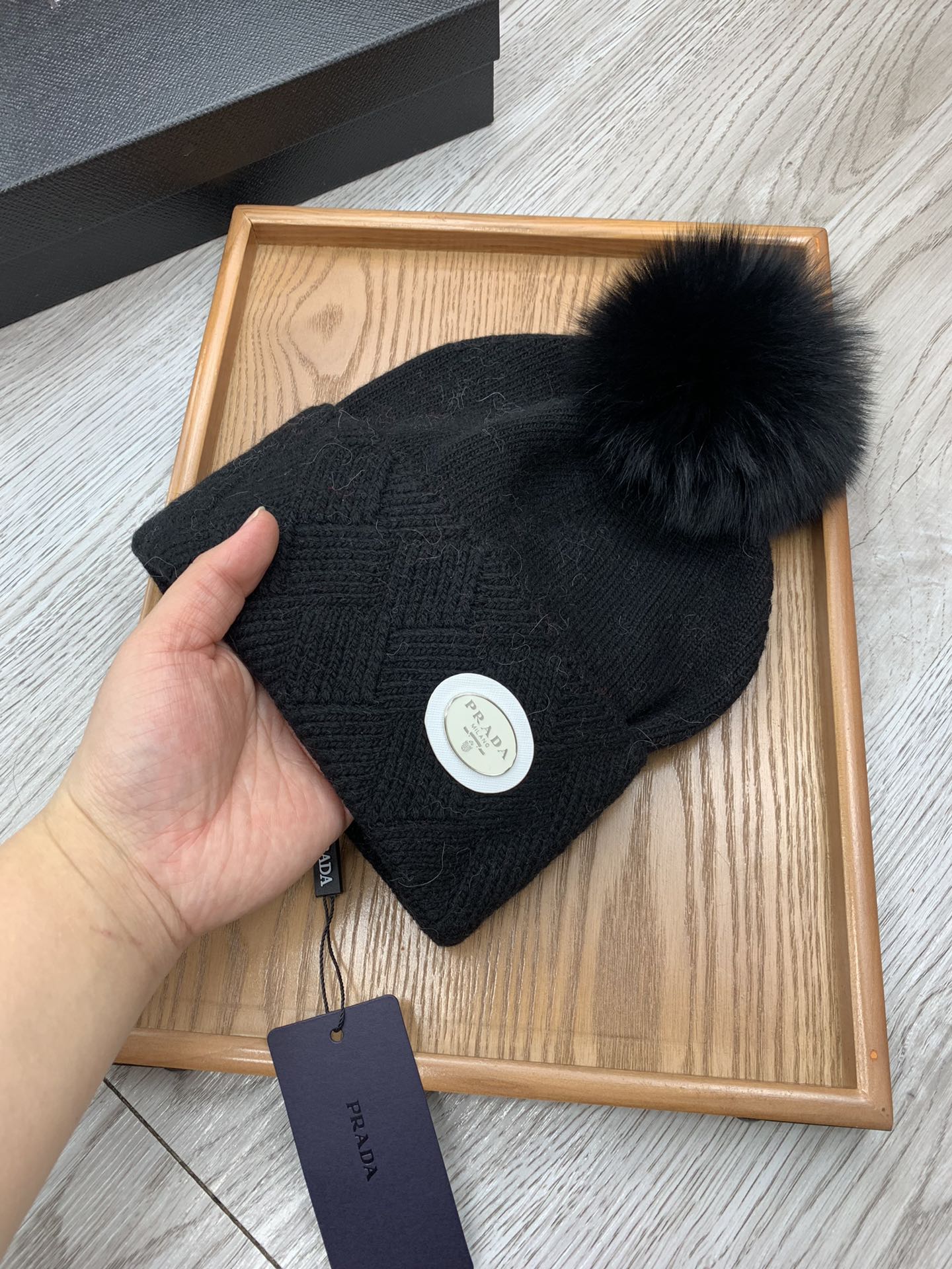 BEANIE HAT IN BLACK WOOL AND RABBIT FUR 346717