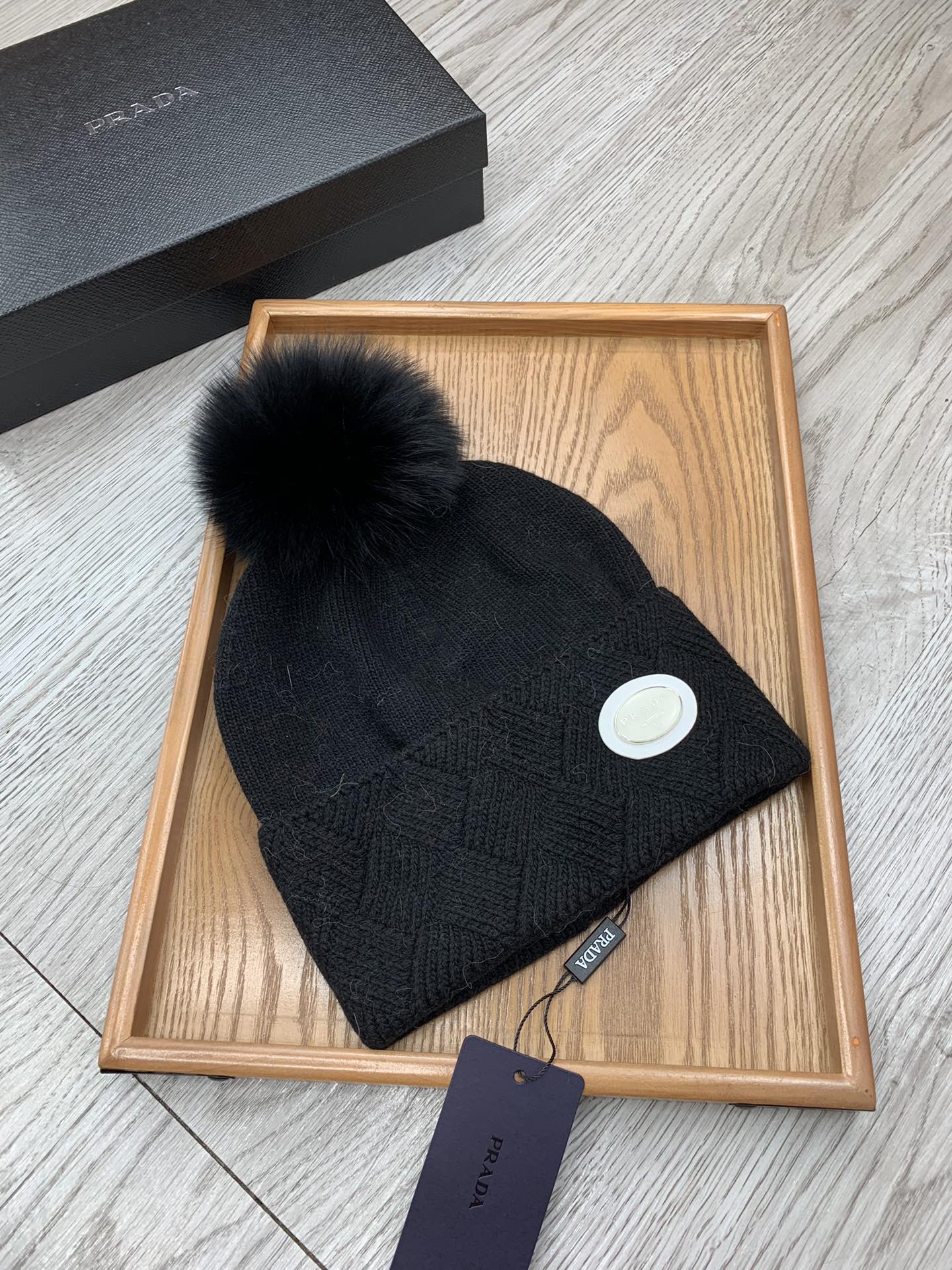 BEANIE HAT IN BLACK WOOL AND RABBIT FUR 346717