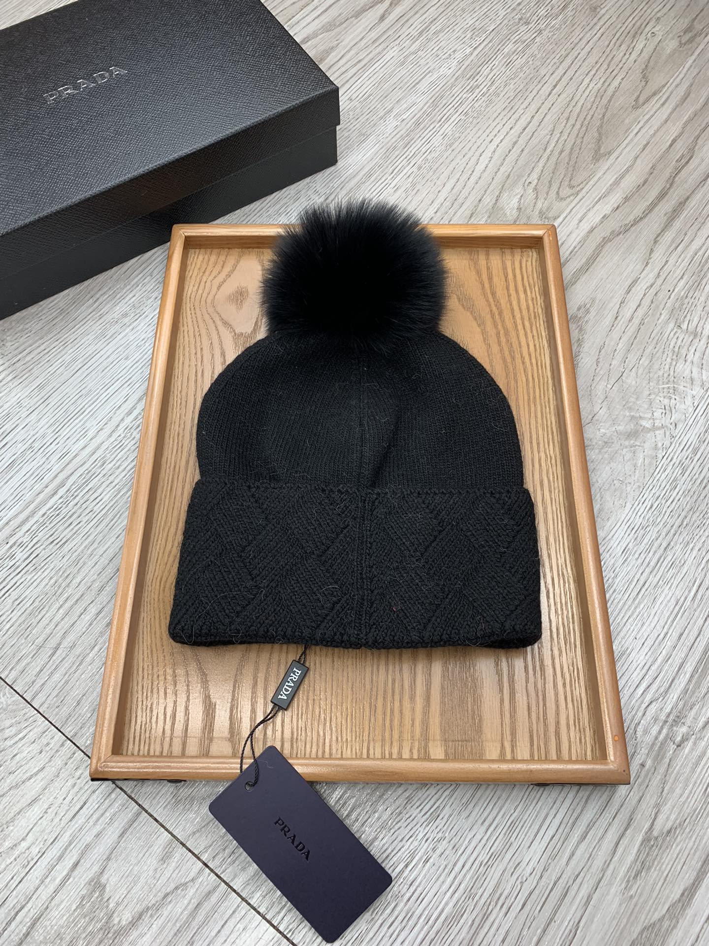 BEANIE HAT IN BLACK WOOL AND RABBIT FUR 346717