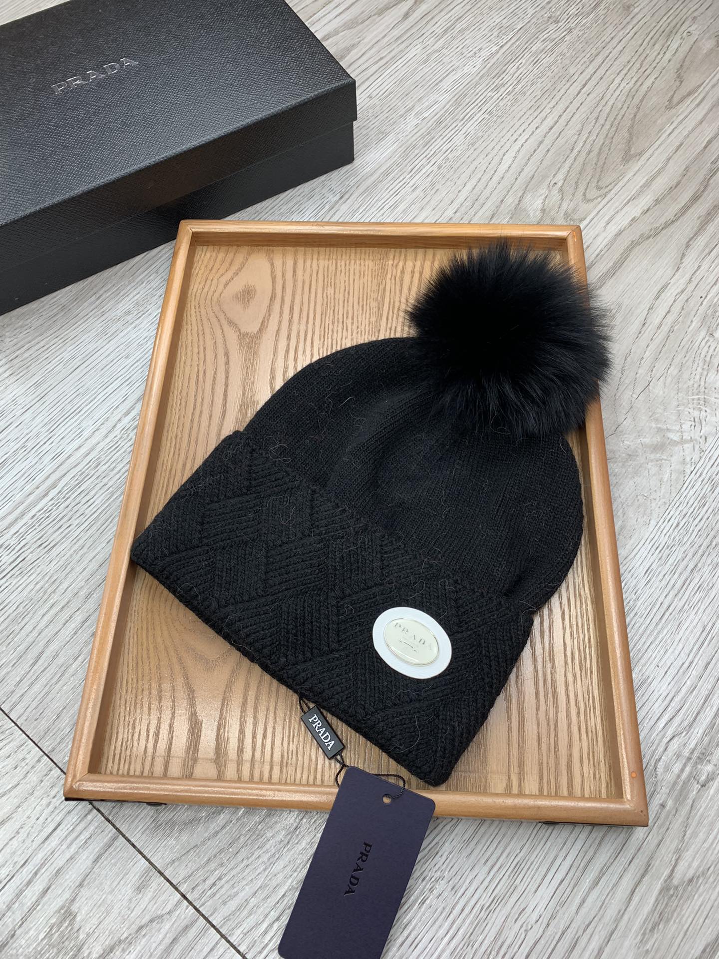 BEANIE HAT IN BLACK WOOL AND RABBIT FUR 346717