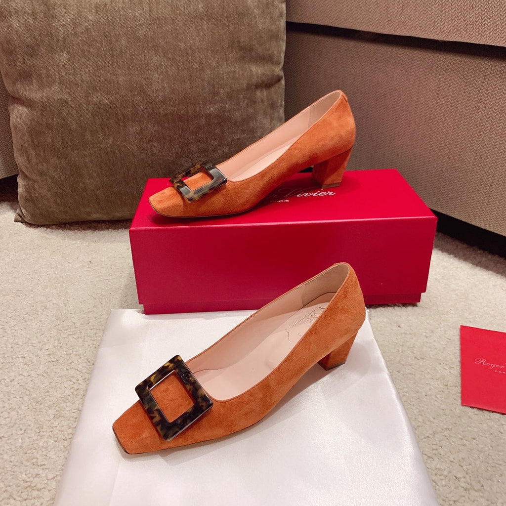 BELLE VIVIER PUMPS IN TAN ORANGE SUEDE TORTOISESHELL BUCKLE