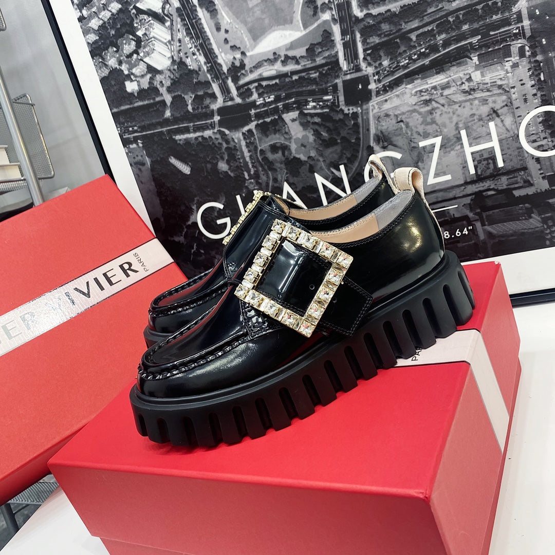 VIV' RANGERS LOAFERS IN BLACK SHINY CALFSKIN WITH CRYSTAL BUCKLE ON THE SIDE OF THE TONGUE