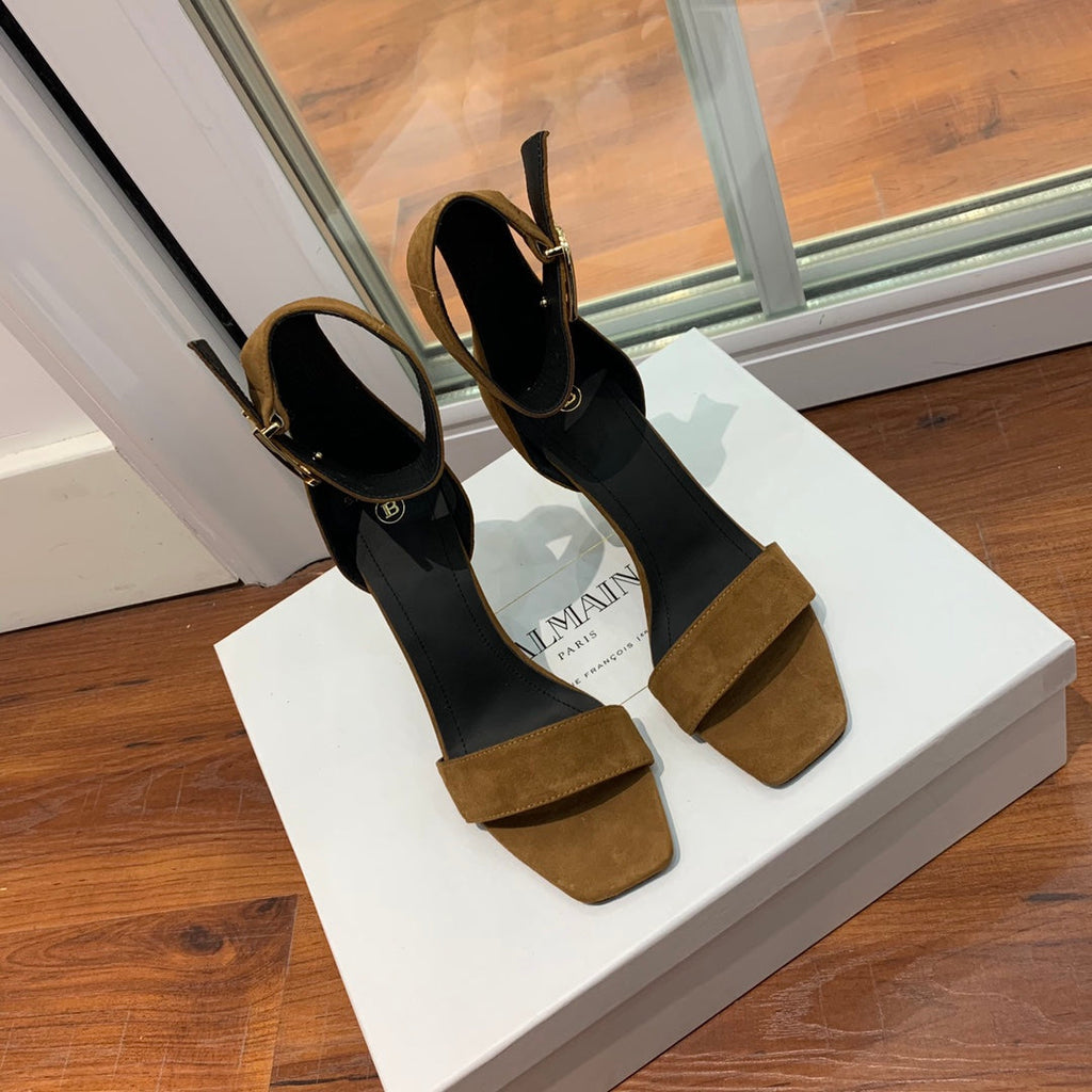 BALMAIN 25S THIN STRAP HIGH HEELS 105MM IN DARK BROWN SUEDE GOLD HARDWARE