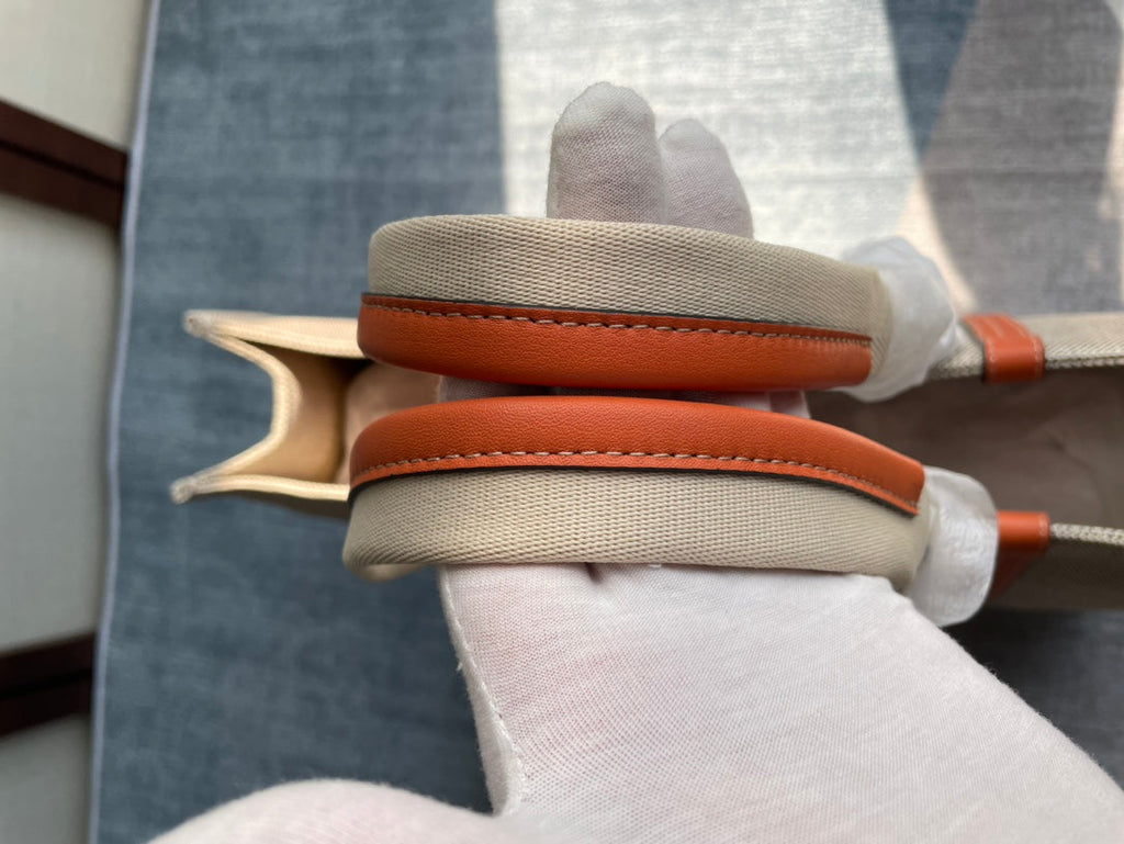 LAGRE WOODY TOTE BAG 45 IN BEIGE LINEN CANVAS BLACK WEBBING LOGO EMBROIDER ORANGE CALFSKIN