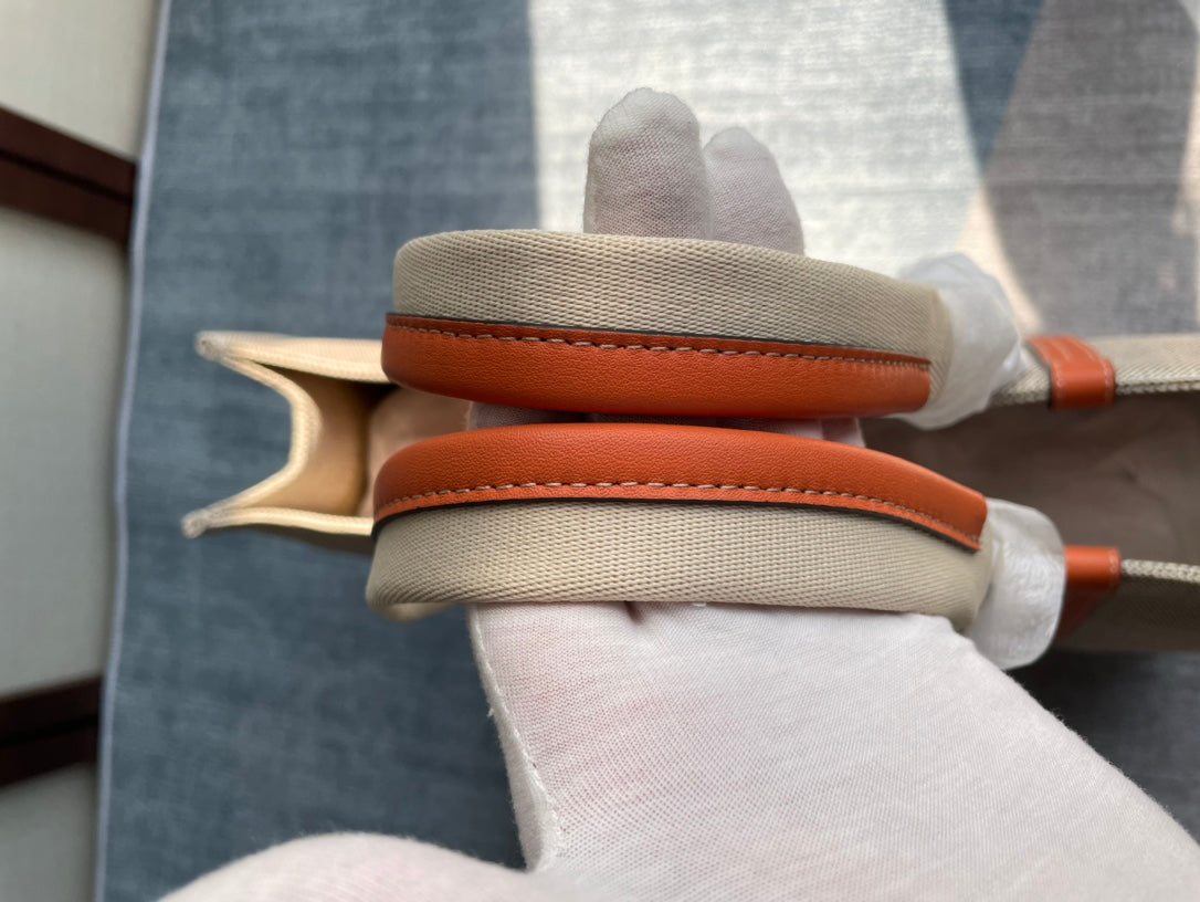 LAGRE WOODY TOTE BAG 45 IN BEIGE LINEN CANVAS BLACK WEBBING LOGO EMBROIDER ORANGE CALFSKIN