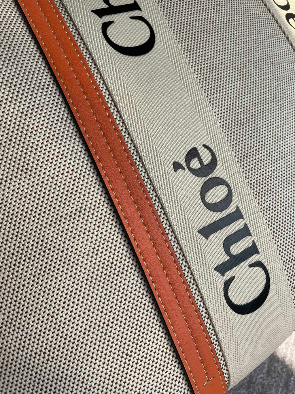 LAGRE WOODY TOTE BAG 45 IN BEIGE LINEN CANVAS BLACK WEBBING LOGO EMBROIDER ORANGE CALFSKIN