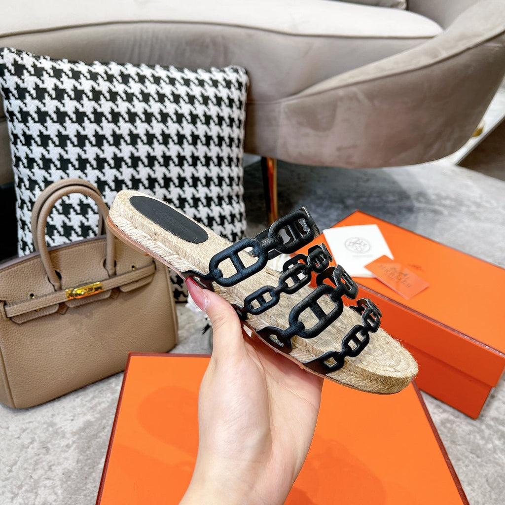 STRAW SOLE SLIPPERS BLACK LAMBSKIN