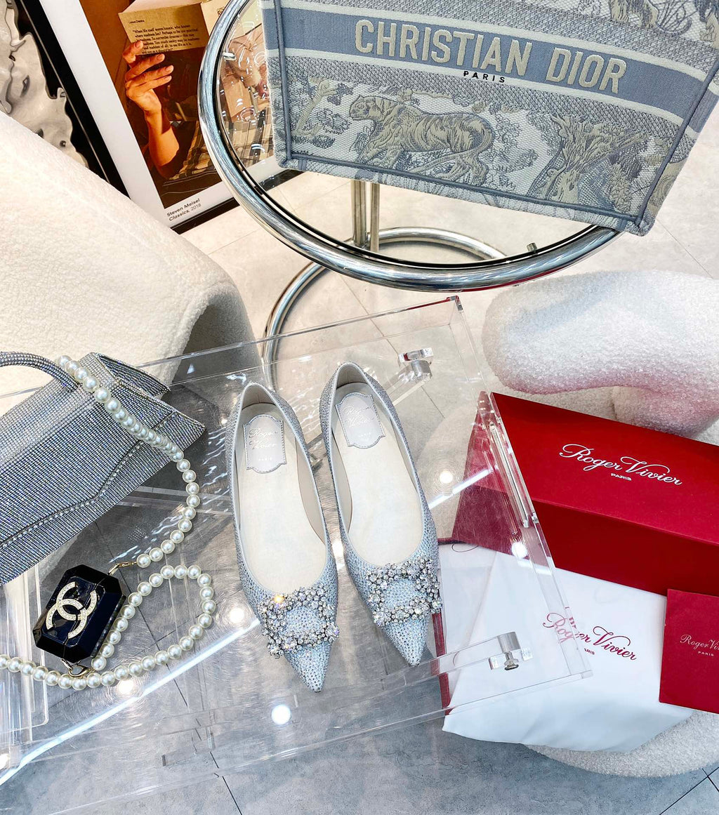 EFFLORESCENCE BALLERINAS IN SILVER CALFSKIN WITH FULLY EMBELLISHED CRYSTALS