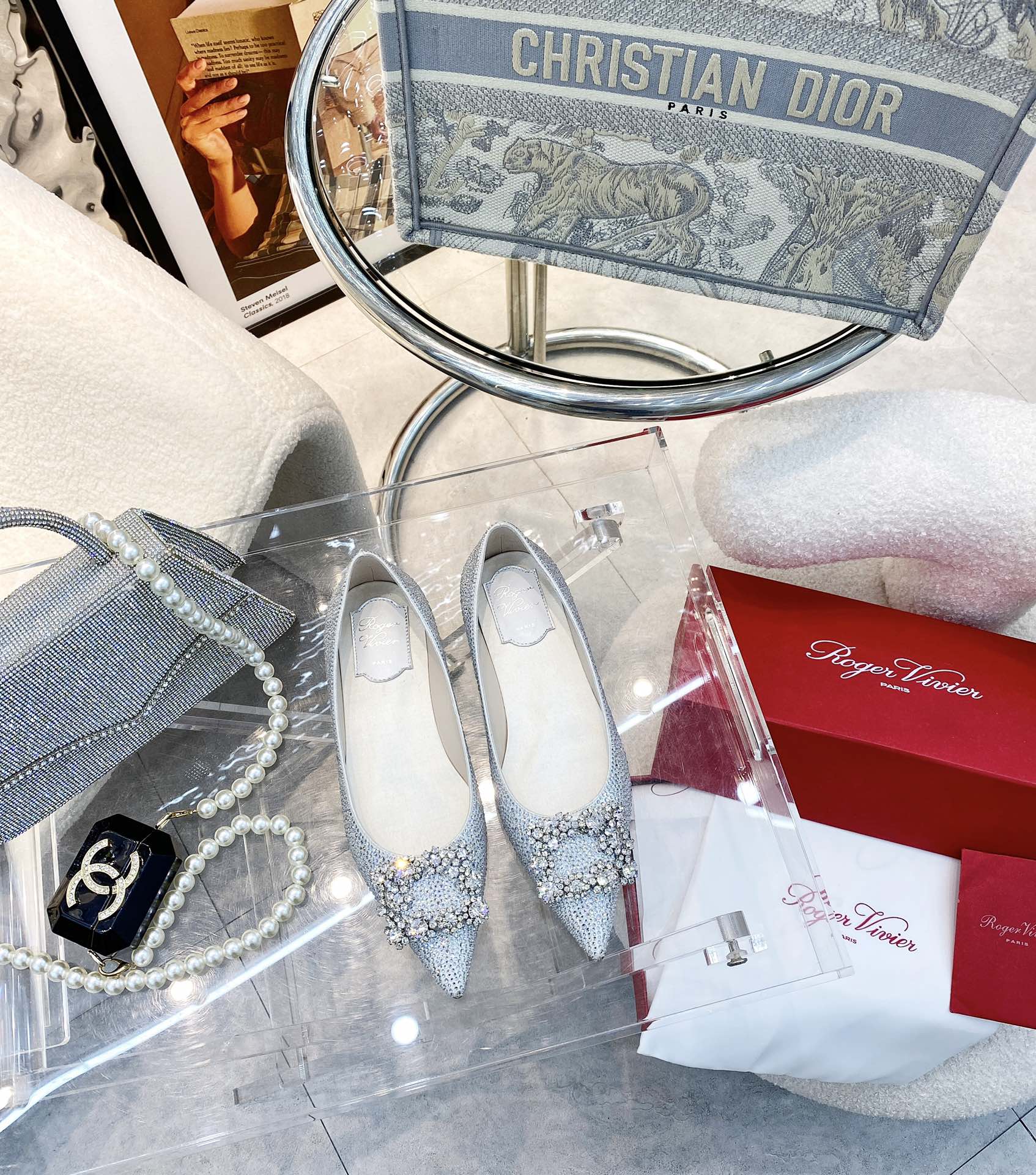 EFFLORESCENCE BALLERINAS IN SILVER CALFSKIN WITH FULLY EMBELLISHED CRYSTALS