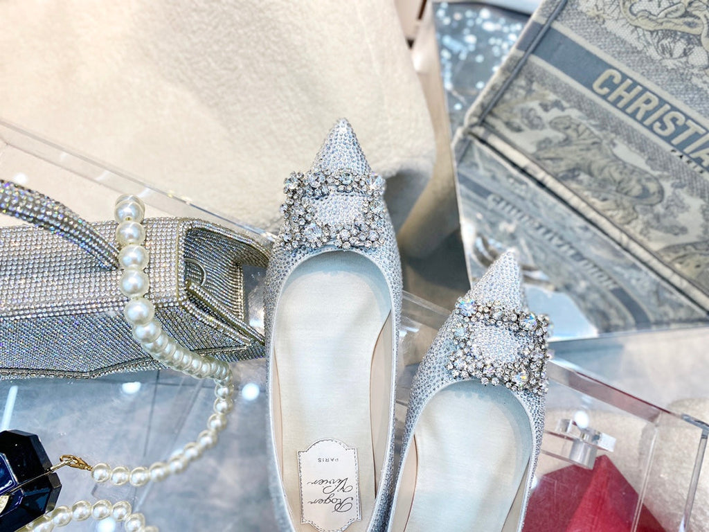 EFFLORESCENCE BALLERINAS IN SILVER CALFSKIN WITH FULLY EMBELLISHED CRYSTALS