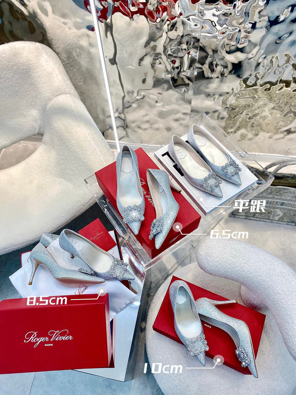 EFFLORESCENCE BALLERINAS IN SILVER CALFSKIN WITH FULLY EMBELLISHED CRYSTALS