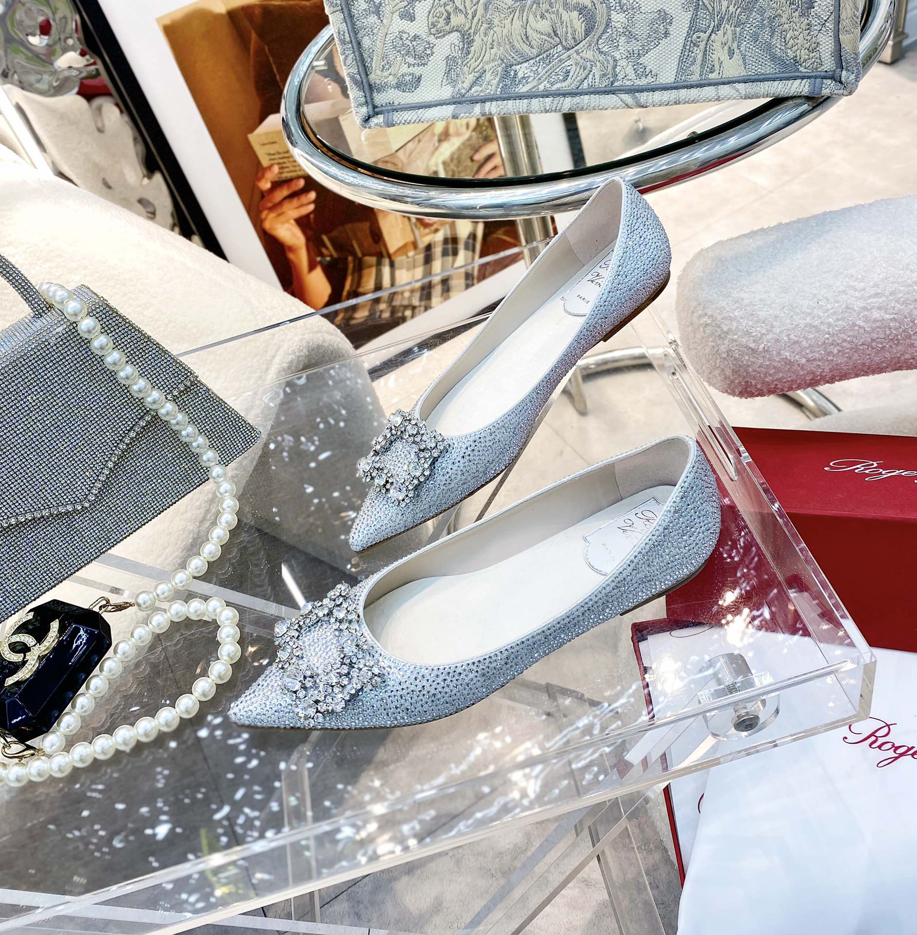 EFFLORESCENCE BALLERINAS IN SILVER CALFSKIN WITH FULLY EMBELLISHED CRYSTALS