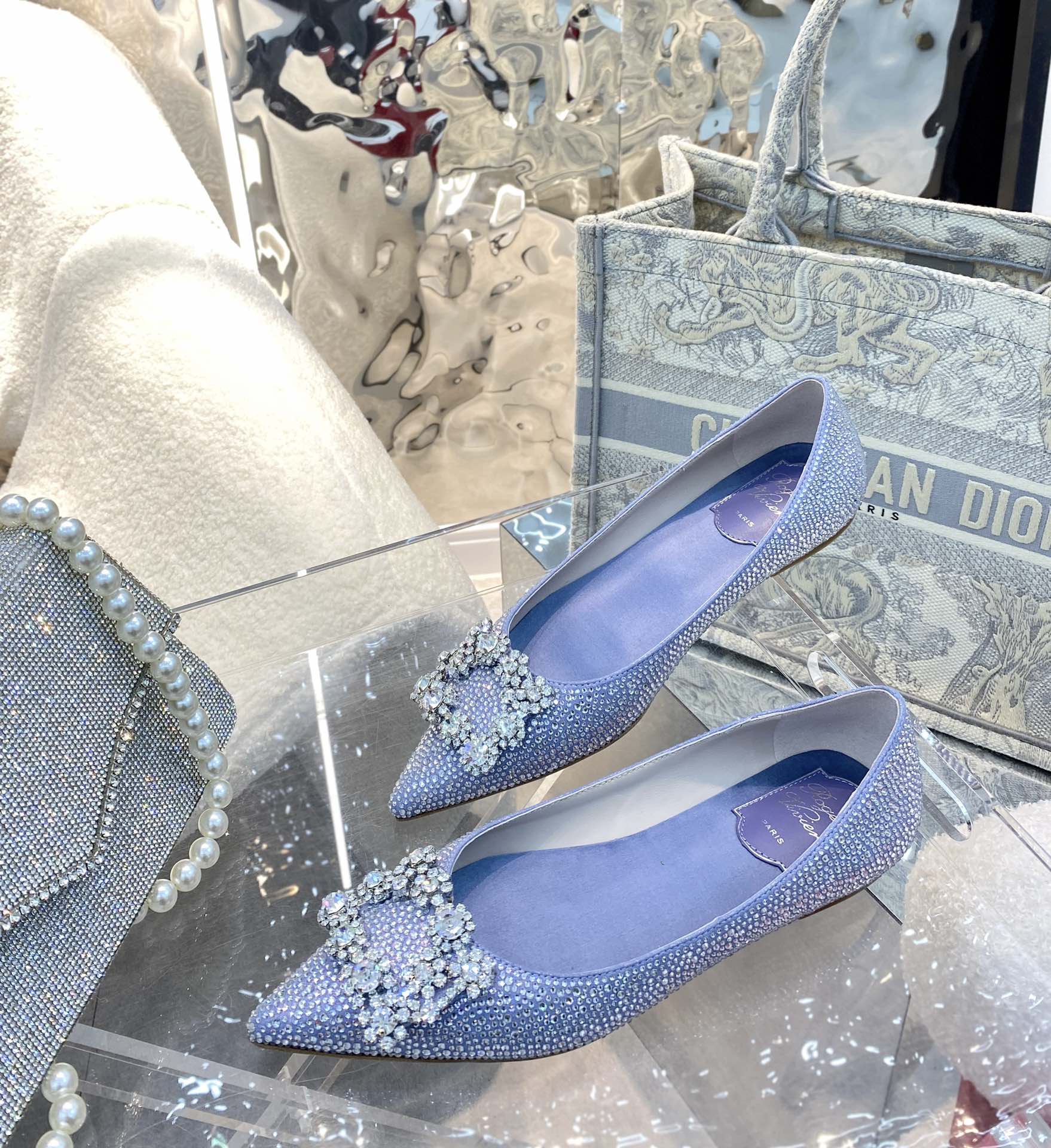 EFFLORESCENCE BALLERINAS IN BLUE CALFSKIN WITH FULLY EMBELLISHED CRYSTALS