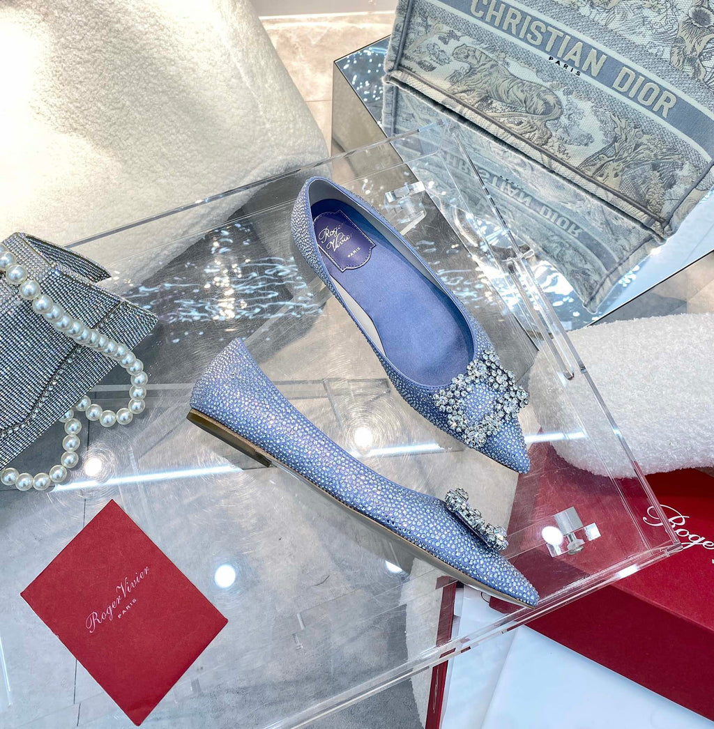 EFFLORESCENCE BALLERINAS IN BLUE CALFSKIN WITH FULLY EMBELLISHED CRYSTALS