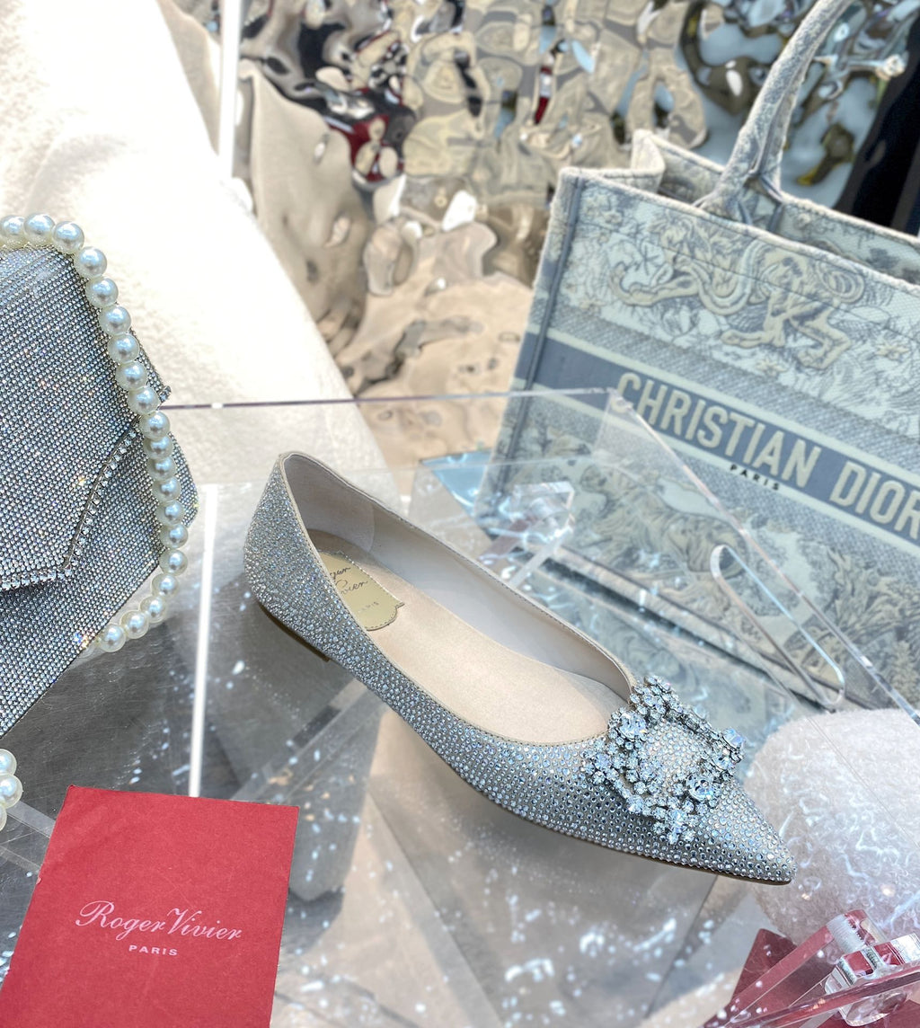 EFFLORESCENCE BALLERINAS IN BEIGE CALFSKIN WITH FULLY EMBELLISHED CRYSTALS