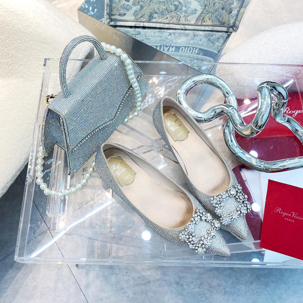 EFFLORESCENCE BALLERINAS IN BEIGE CALFSKIN WITH FULLY EMBELLISHED CRYSTALS