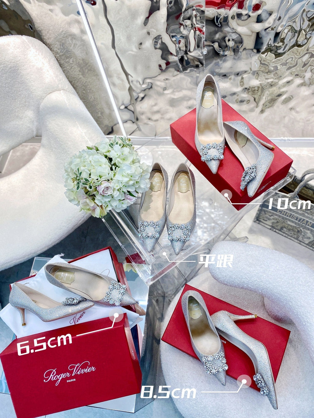 EFFLORESCENCE BALLERINAS IN BEIGE CALFSKIN WITH FULLY EMBELLISHED CRYSTALS