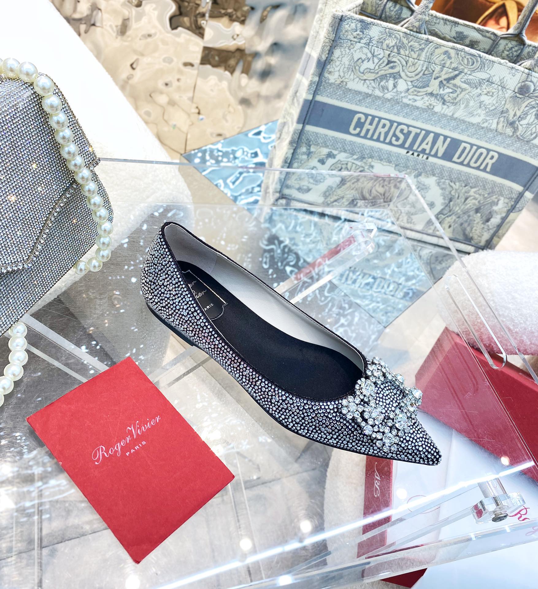 EFFLORESCENCE BALLERINAS IN BLACK CALFSKIN WITH FULLY EMBELLISHED CRYSTALS