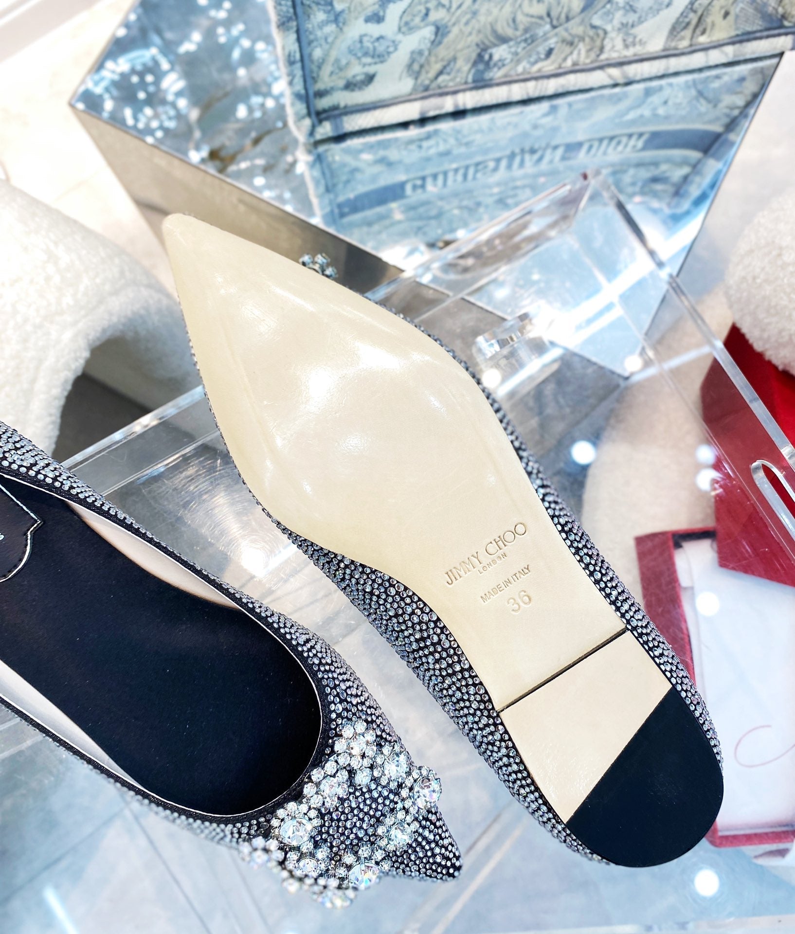 EFFLORESCENCE BALLERINAS IN BLACK CALFSKIN WITH FULLY EMBELLISHED CRYSTALS