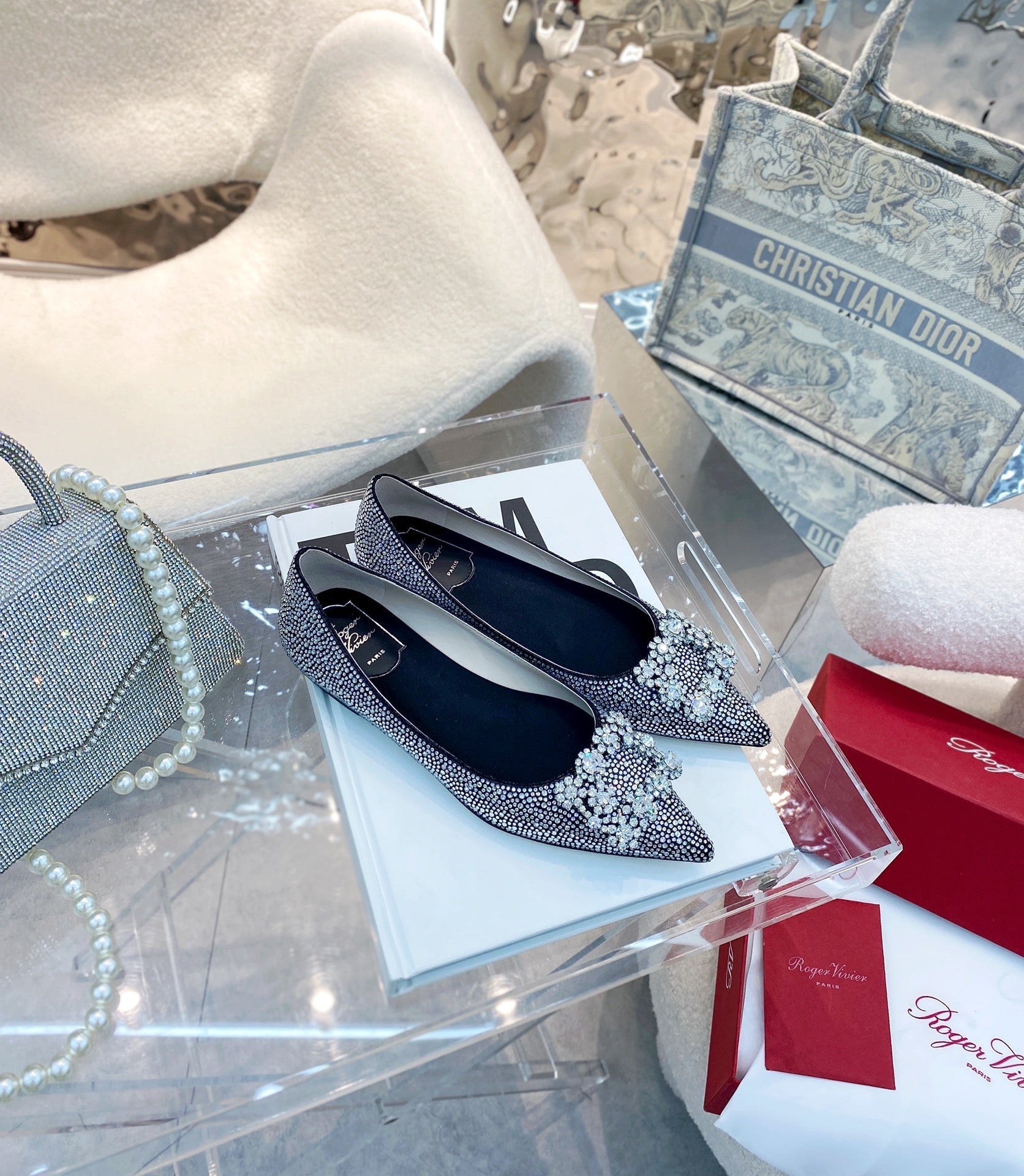 EFFLORESCENCE BALLERINAS IN BLACK CALFSKIN WITH FULLY EMBELLISHED CRYSTALS