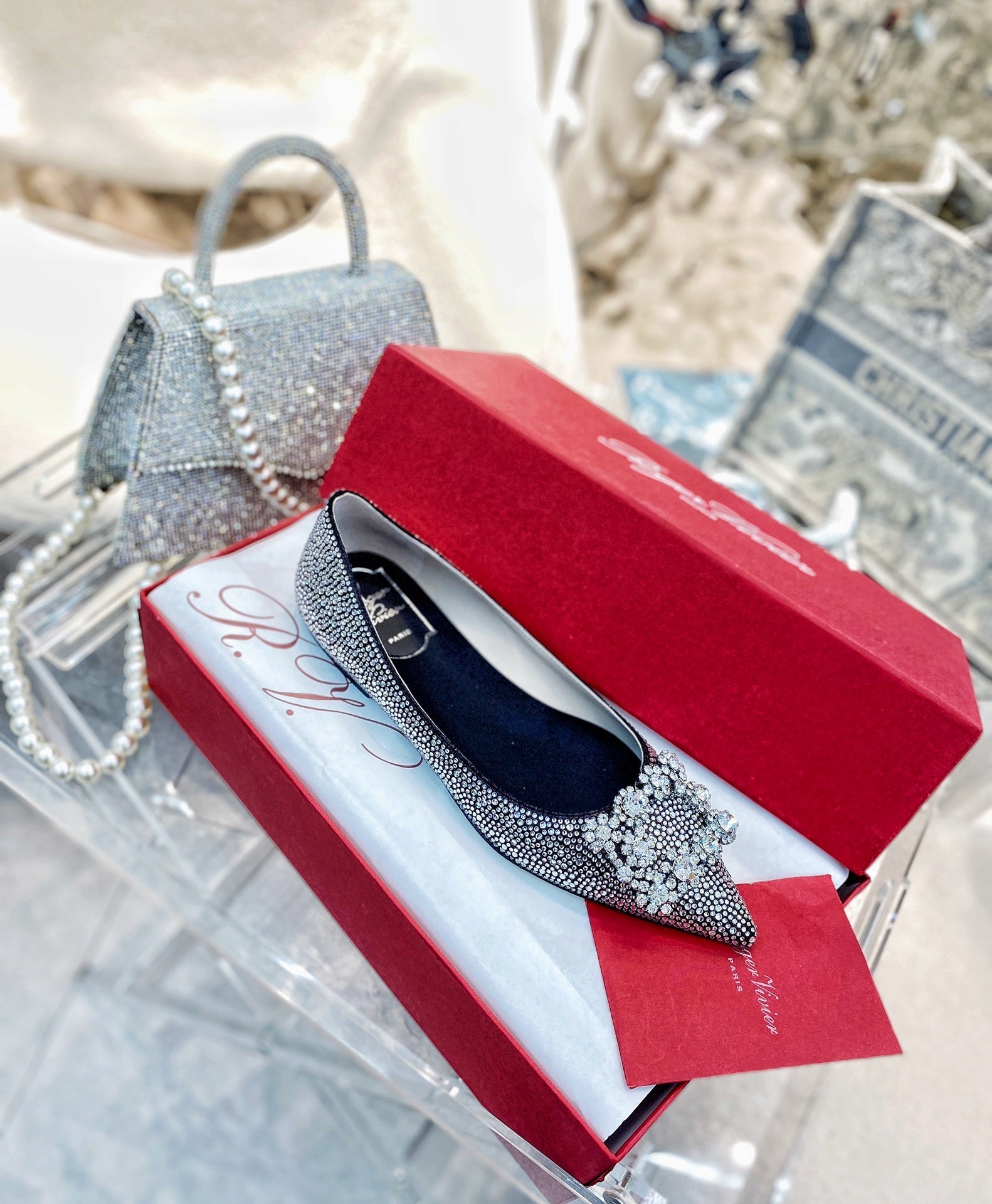 EFFLORESCENCE BALLERINAS IN BLACK CALFSKIN WITH FULLY EMBELLISHED CRYSTALS