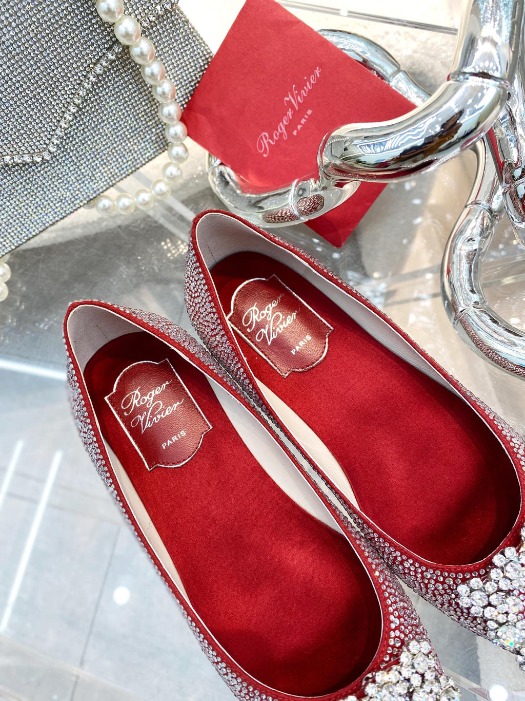 EFFLORESCENCE BALLERINAS IN RED CALFSKIN WITH FULLY EMBELLISHED CRYSTALS