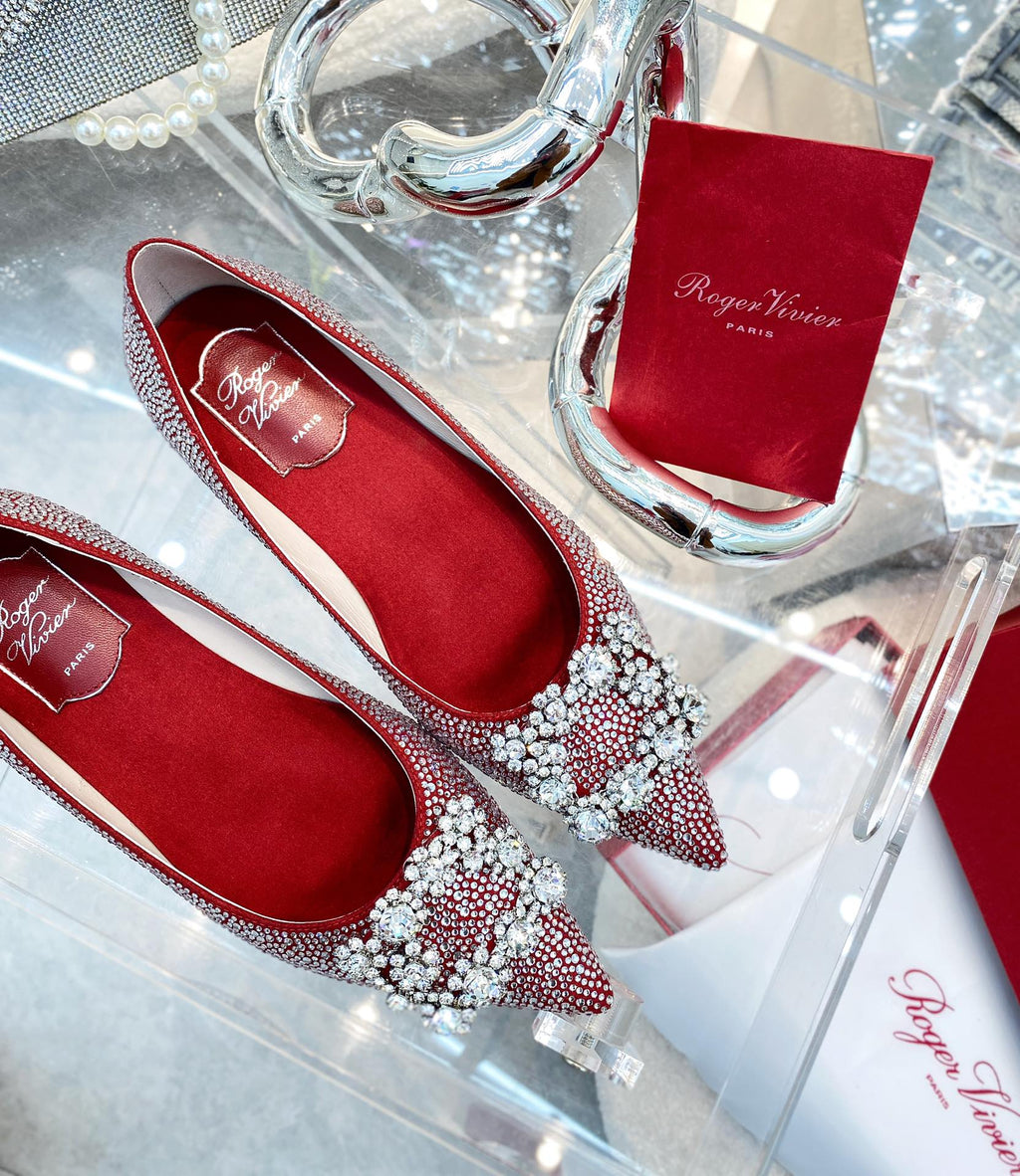 EFFLORESCENCE BALLERINAS IN RED CALFSKIN WITH FULLY EMBELLISHED CRYSTALS