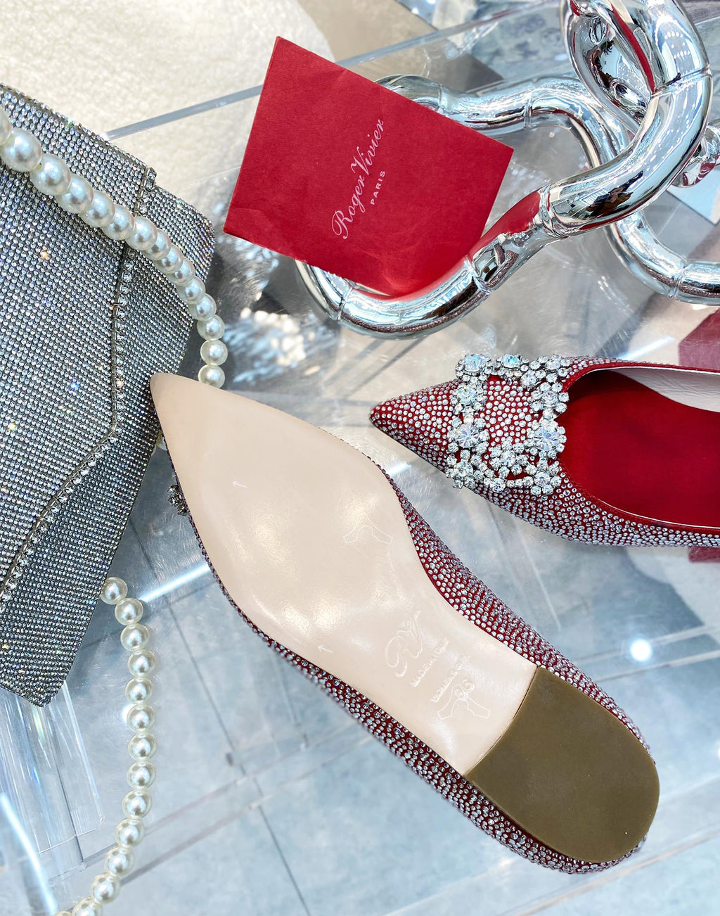 EFFLORESCENCE BALLERINAS IN RED CALFSKIN WITH FULLY EMBELLISHED CRYSTALS