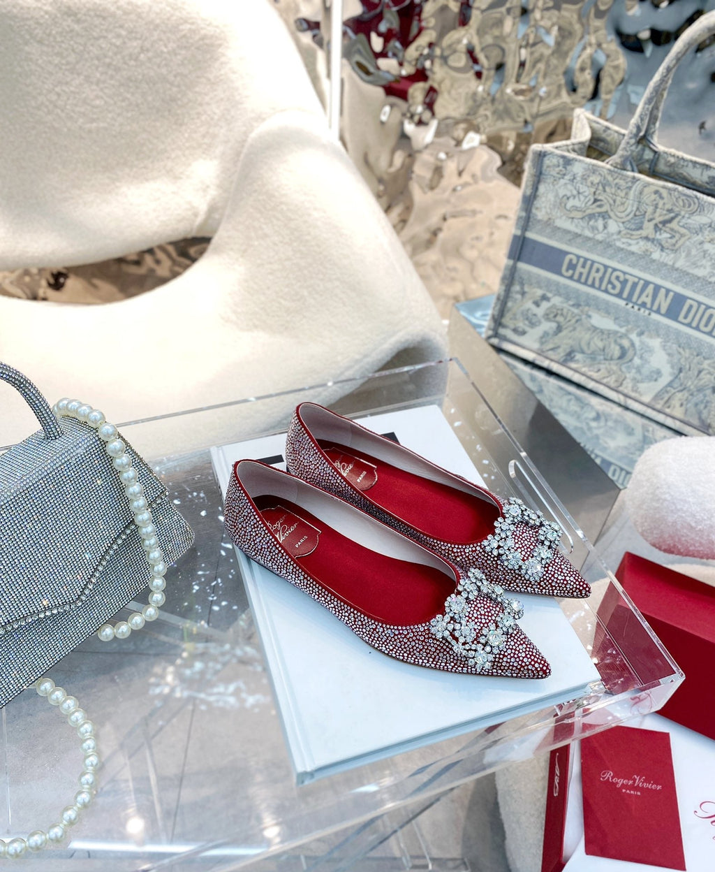 EFFLORESCENCE BALLERINAS IN RED CALFSKIN WITH FULLY EMBELLISHED CRYSTALS