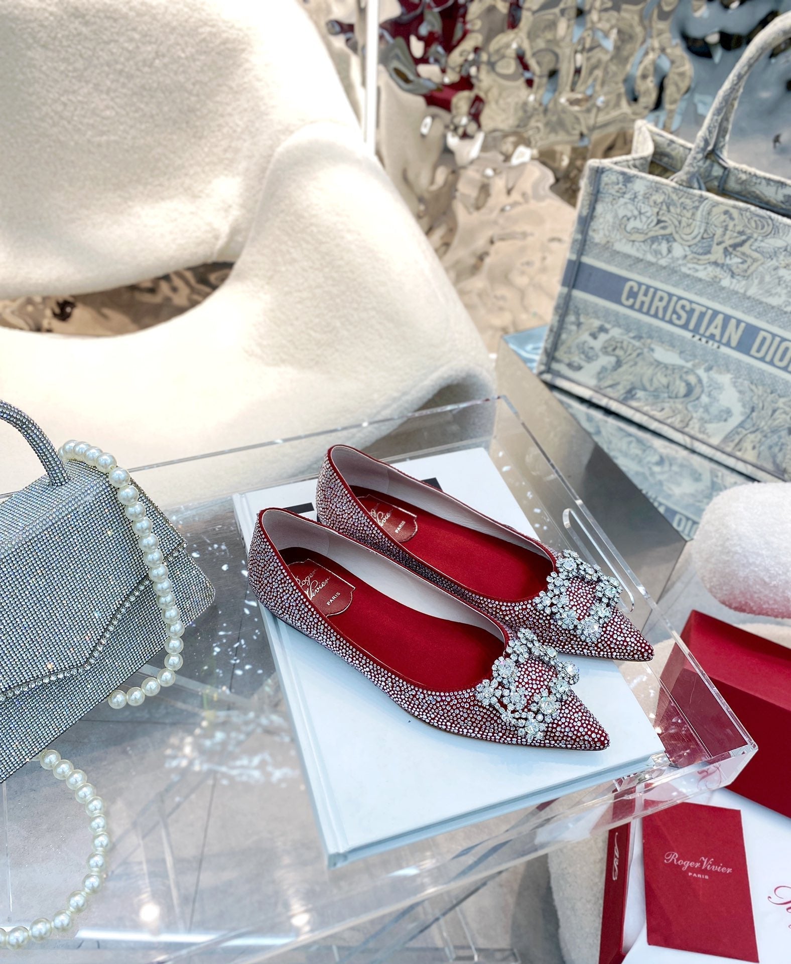 EFFLORESCENCE BALLERINAS IN RED CALFSKIN WITH FULLY EMBELLISHED CRYSTALS