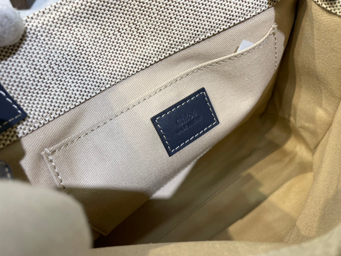 SMALL STRAP WOODY TOTE BAG 26.5 IN BEIGE LINEN CANVAS BLACK WEBBING DARK BLUE CALFSKIN