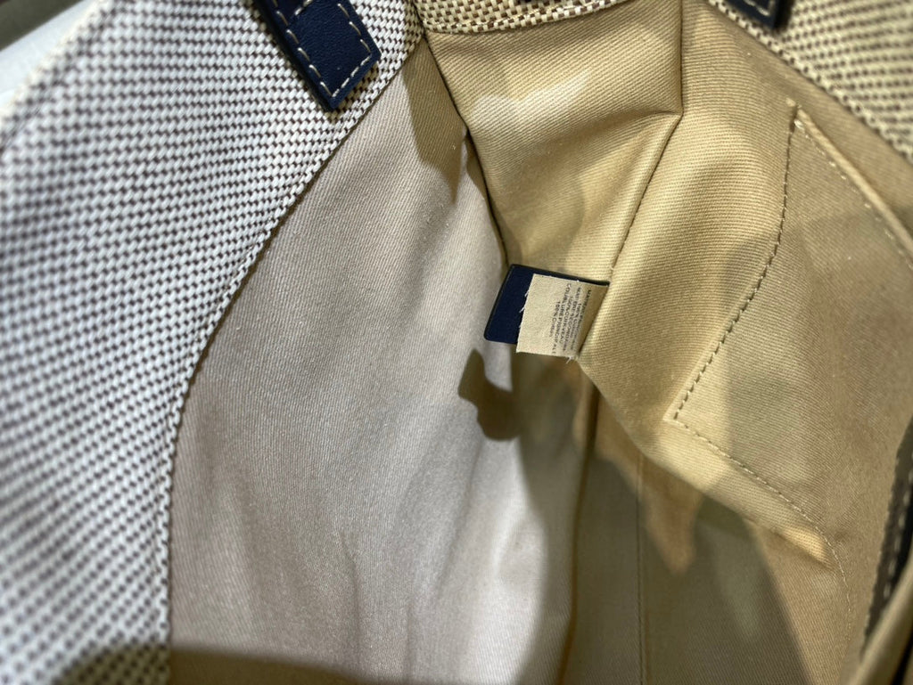 SMALL STRAP WOODY TOTE BAG 26.5 IN BEIGE LINEN CANVAS BLACK WEBBING DARK BLUE CALFSKIN