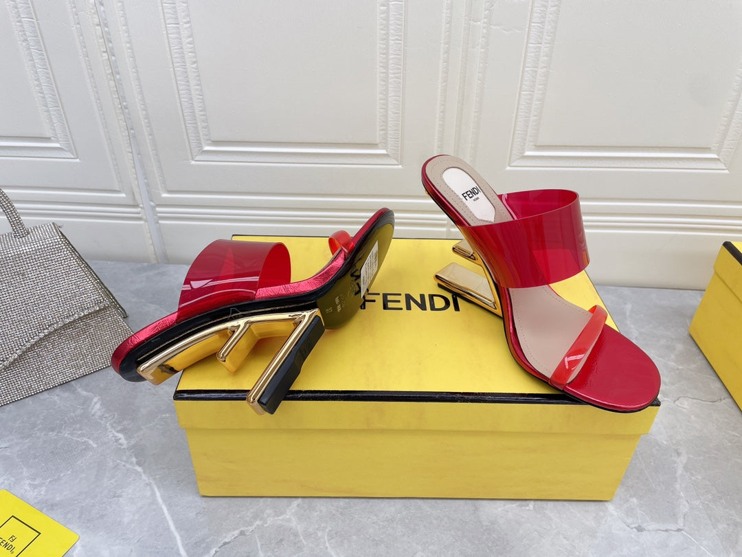 FENDI FIRST 95 MM HIGH-HEELED SANDAL IN CHERRY RED TPU FILM AND LAMBSKIN