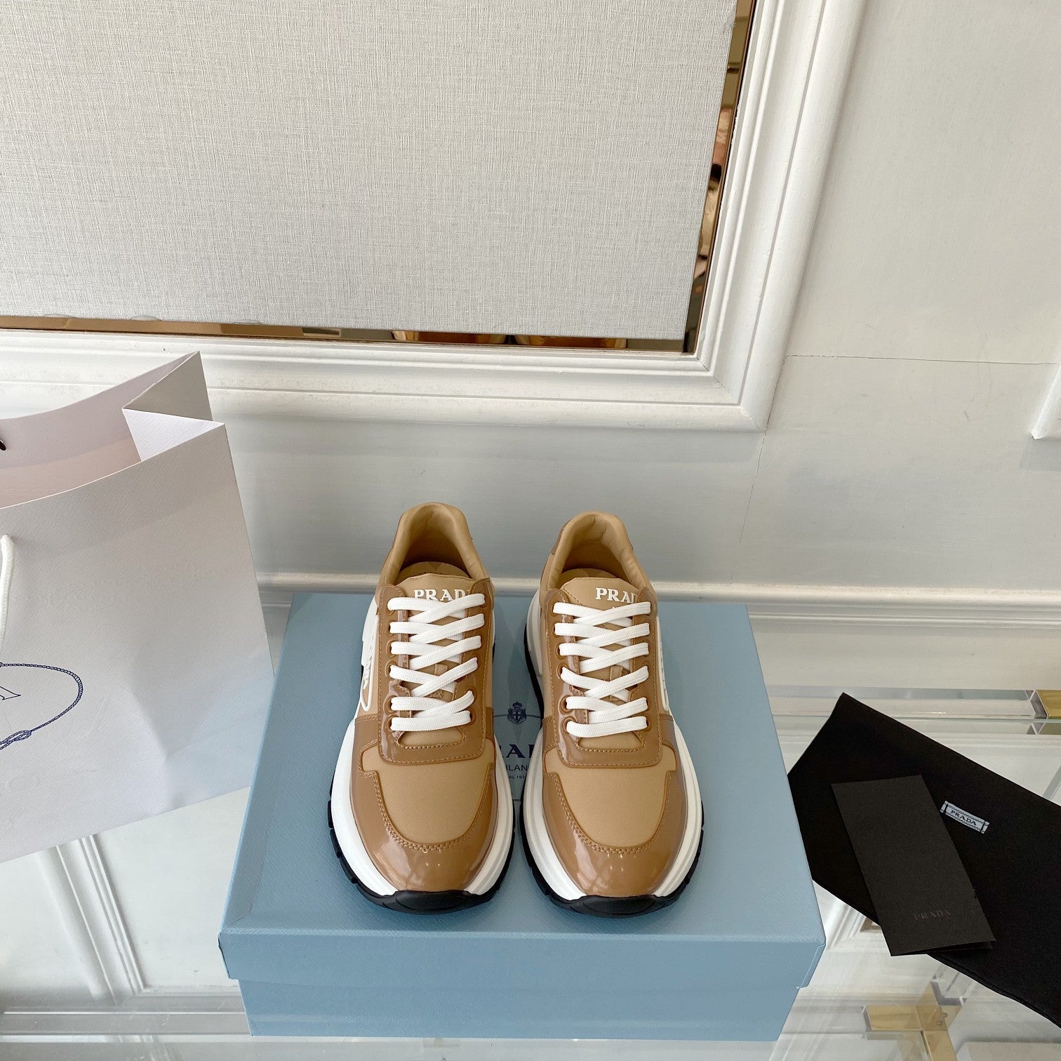 PRADA 25S THICK SOLE SNEAKER IN BROWN CALFSKIN AND CANVAS