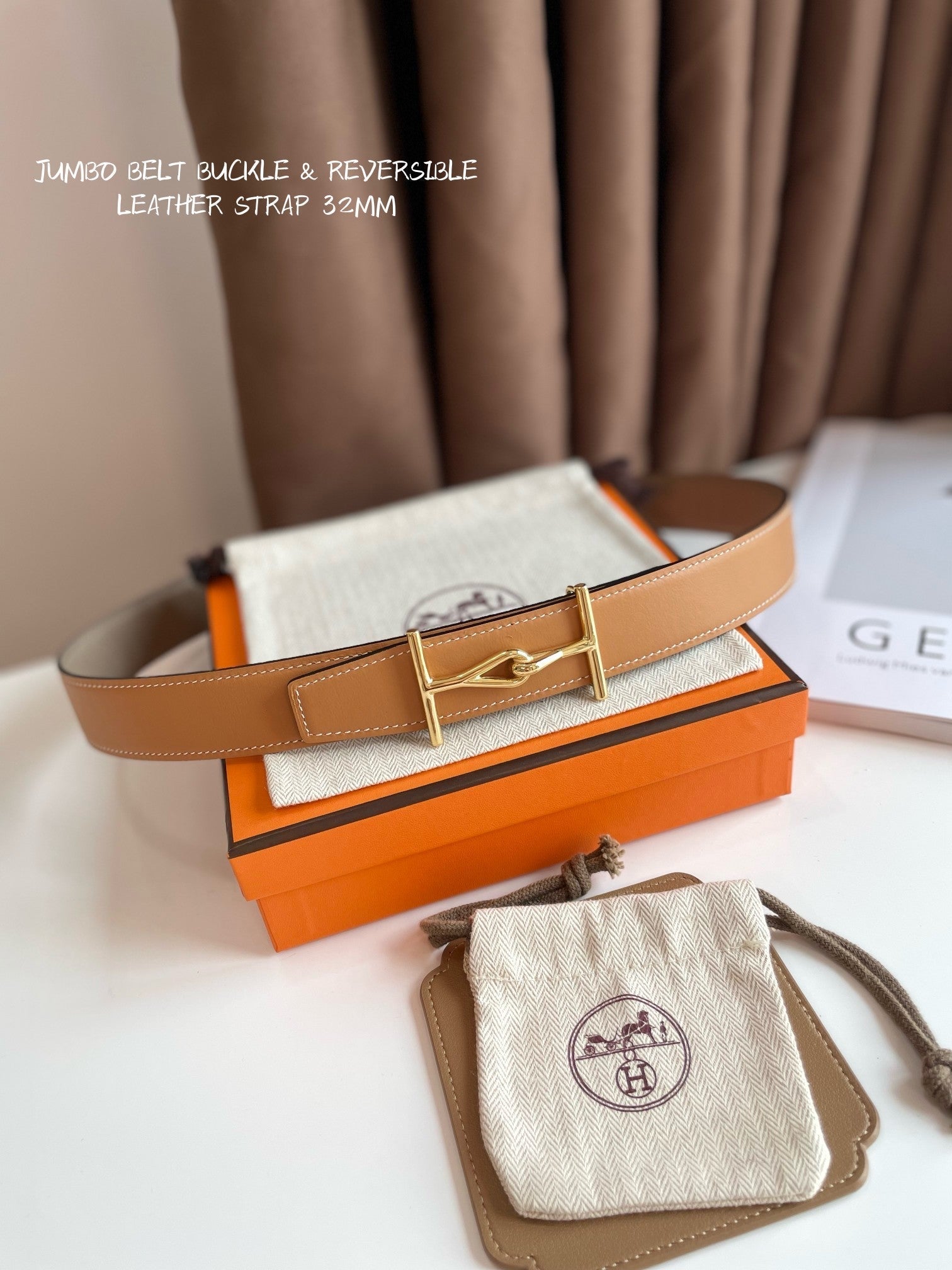 JUMBO BELT GOLD BUCKLE & REVERSIBLE CAMEL BROWN AND ORANGE LEATHER STRAP 32MM