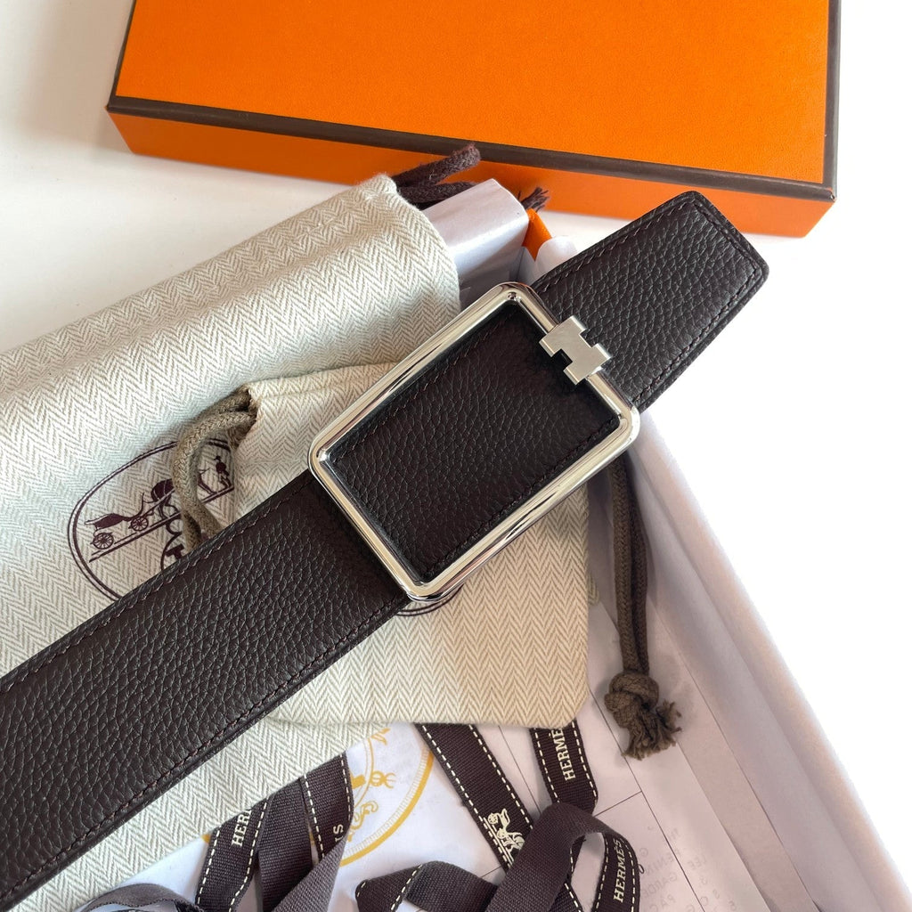 TUBE H BELT GOLD BUCKLE & REVERSIBLE DARK BROWN LEATHER STRAP 38MM