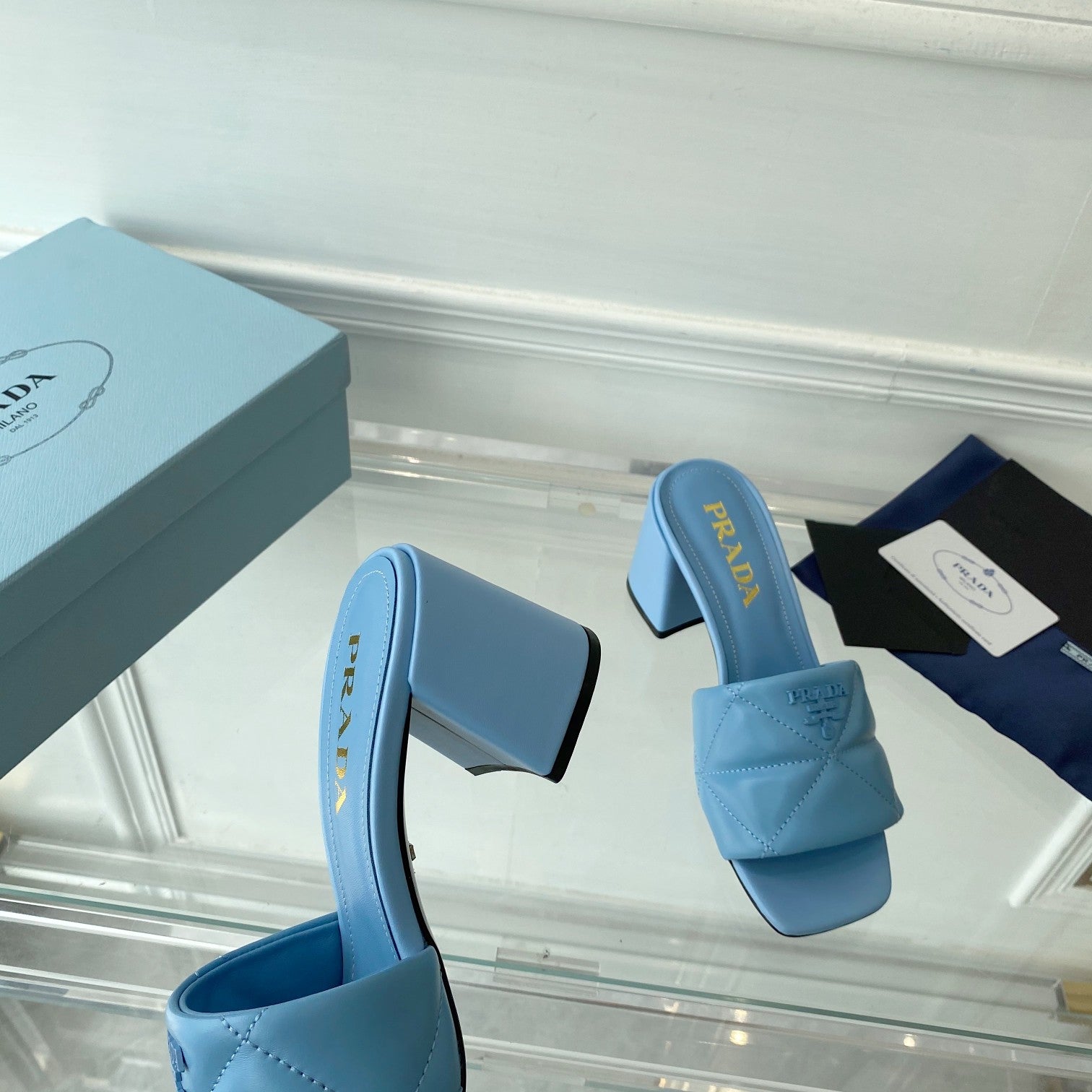 PRA QUILTED NAPPA HEELED SANDALS SKY LAMBSKIN