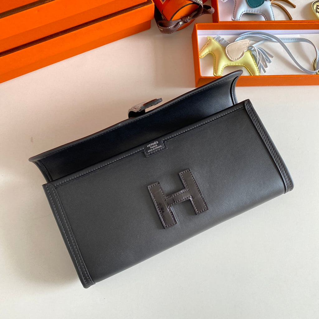 JIGE ELAN 29 CLUTCH IN BLACK CALFSKIN WITH LIZARD SKIN