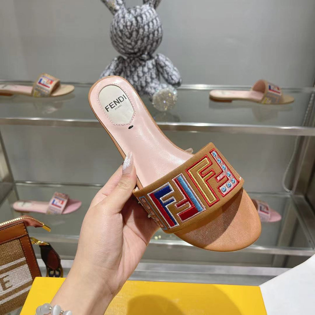 FF Multicolor Logo Slide Pink Tan Leather