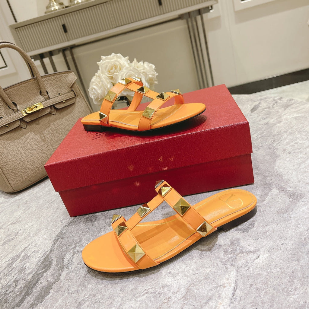 ROMAN STUD MANGO ORANGE CALFSKIN FLAT SLIDE SANDAL 25 MM