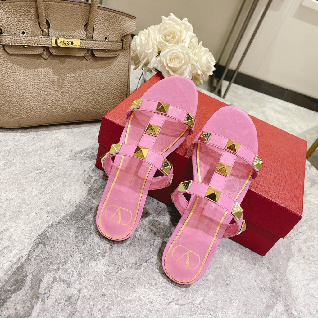 ROMAN STUD BRIGHT PINK CALFSKIN FLAT SLIDE SANDAL 25 MM