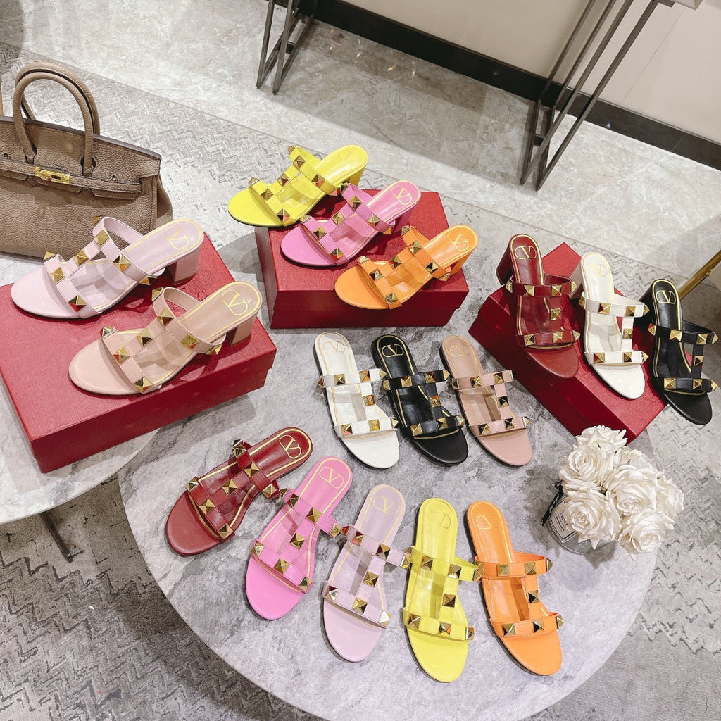 ROMAN STUD BRIGHT YELLOW CALFSKIN FLAT SLIDE SANDAL 25 MM